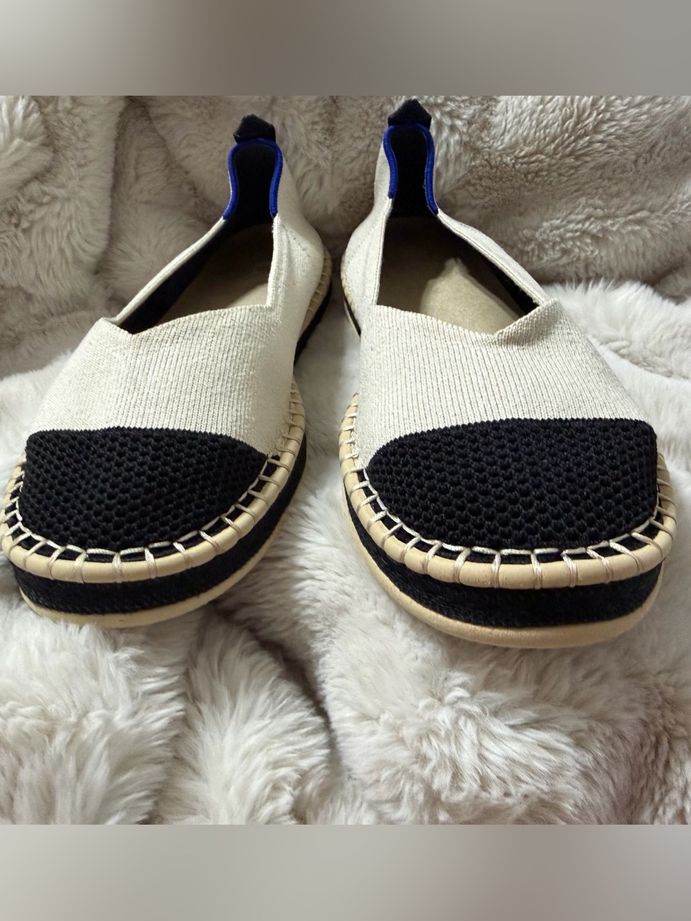 Rothys The Espadrille Ivory Black Cap Toe Knit Slip On Flats Womens 10.5 - Picture 7 of 8